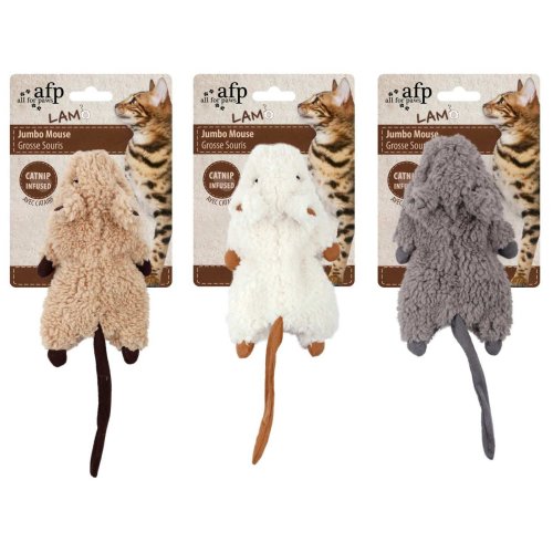 Cat toy plush mouse made of lambs wool - Jumbo Crinkle Catnip Rodent - 3 colours assorted