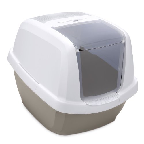 Cat Litter Box Hooded Litter Tray with Swing-Open Door white-grey
