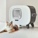 Designer retro cat litter box with swing flap, filter and drawer black-white